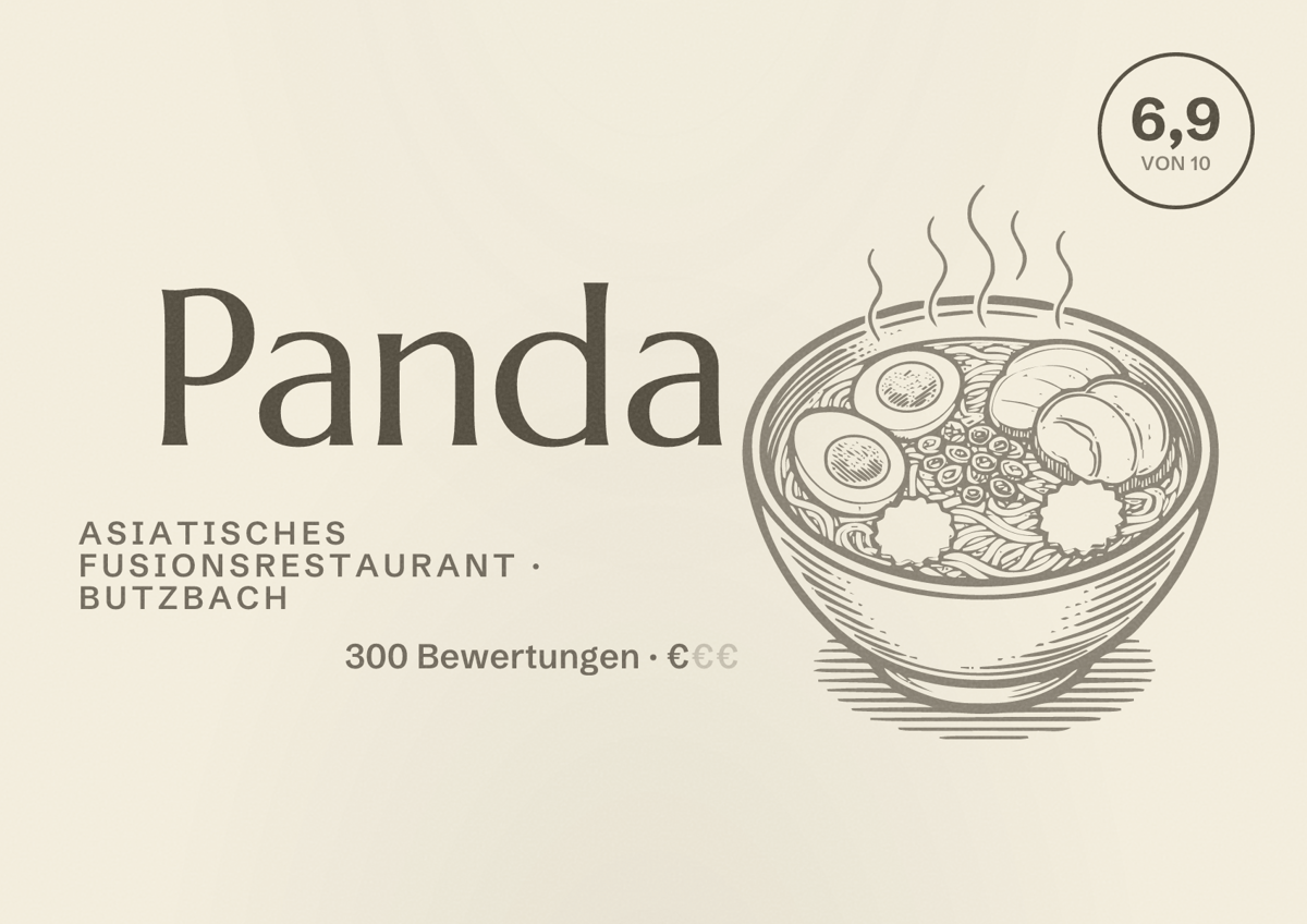 Illustriertes Poster von Panda, Asiatisches Fusionsrestaurant in Butzbach: Bewertung 6,9 von 10 aus 300 Bewertungen, Preisniveau €