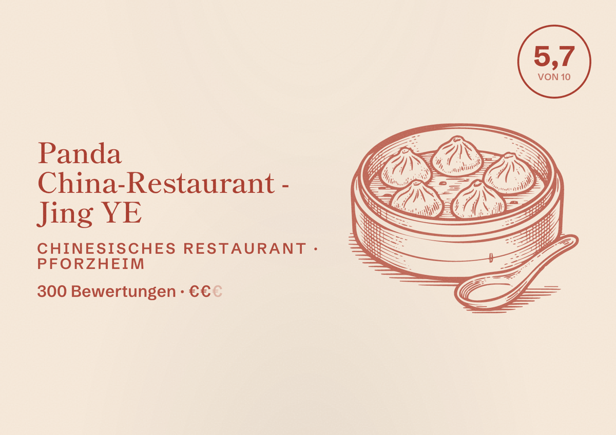 Illustriertes Poster von Panda China-Restaurant - Jing YE, Chinesisches Restaurant in Pforzheim: Bewertung 5,7 von 10 aus 300 Bewertungen, Preisniveau €€