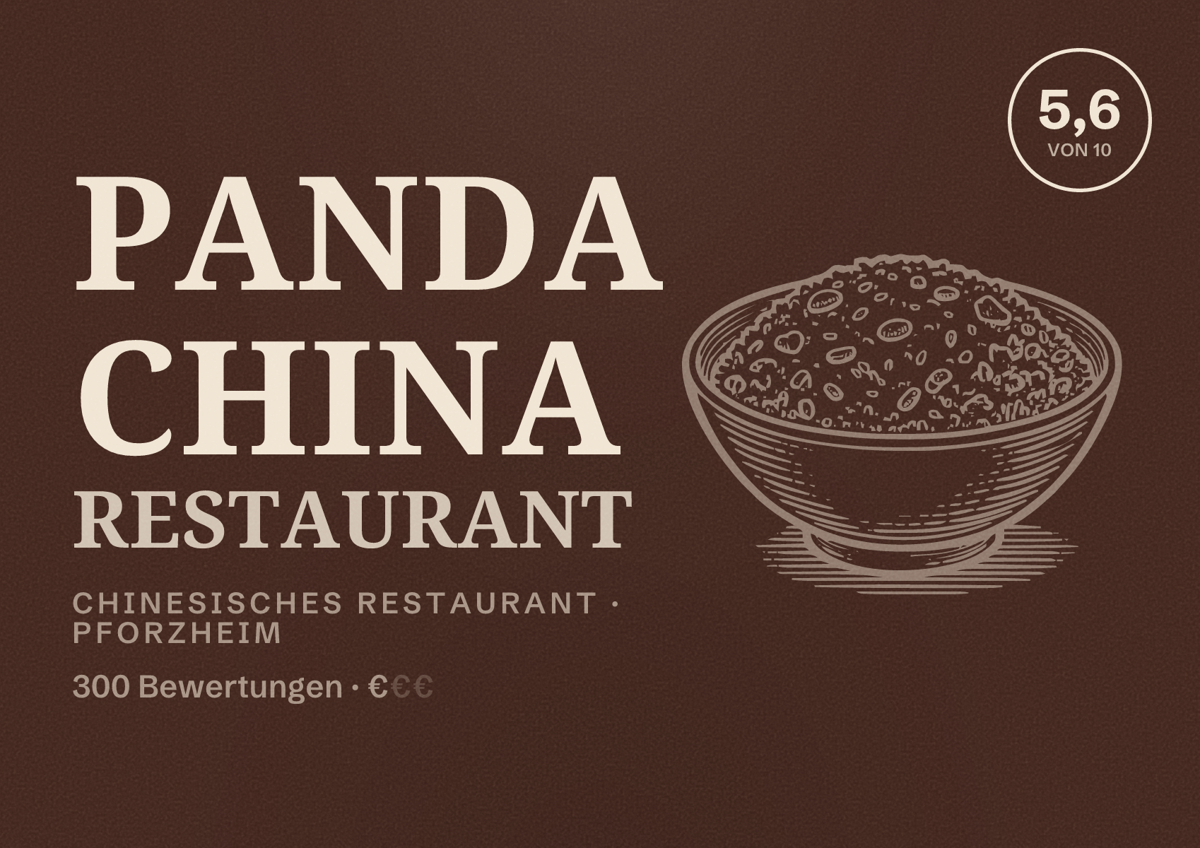Illustriertes Poster von Panda China Restaurant, Chinesisches Restaurant in Pforzheim: Bewertung 5,6 von 10 aus 300 Bewertungen, Preisniveau €