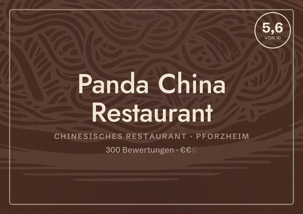Illustriertes Poster von Panda China Restaurant, Chinesisches Restaurant in Pforzheim: Bewertung 5,6 von 10 aus 300 Bewertungen, Preisniveau €€