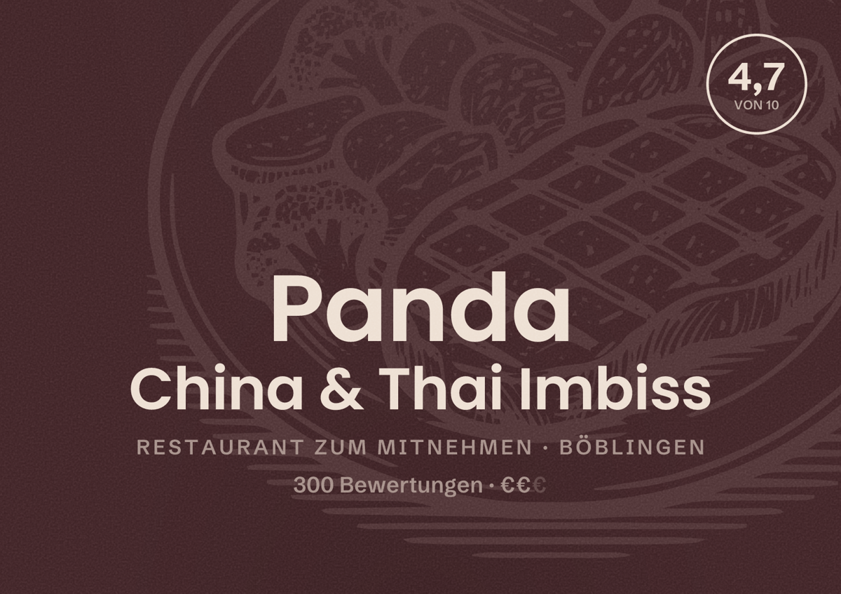 Illustriertes Poster von Panda China & Thai Imbiss, Restaurant zum Mitnehmen in Böblingen: Bewertung 4,7 von 10 aus 300 Bewertungen, Preisniveau €€