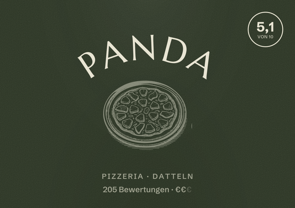 Illustriertes Poster von Panda, Pizzeria in Datteln: Bewertung 5,1 von 10 aus 205 Bewertungen, Preisniveau €€