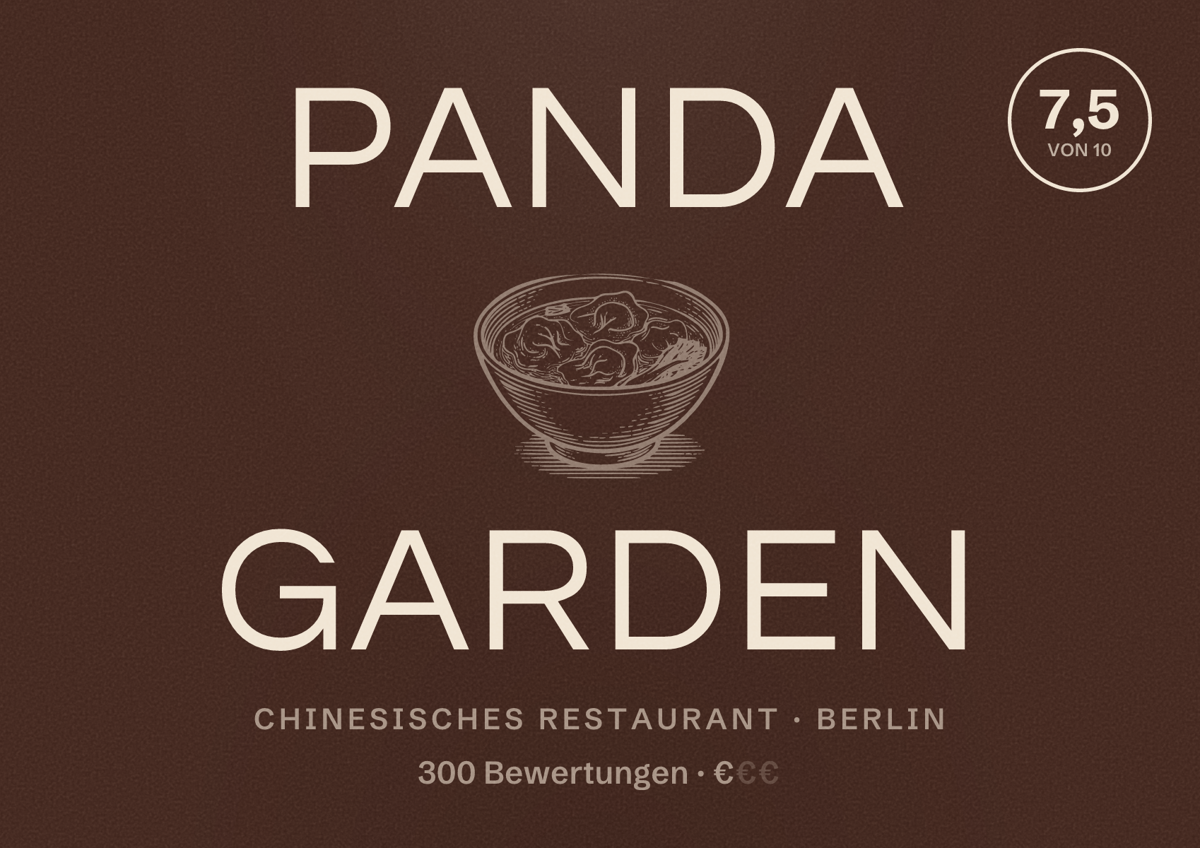 Illustriertes Poster von Panda Garden, Chinesisches Restaurant in Berlin: Bewertung 7,5 von 10 aus 300 Bewertungen, Preisniveau €
