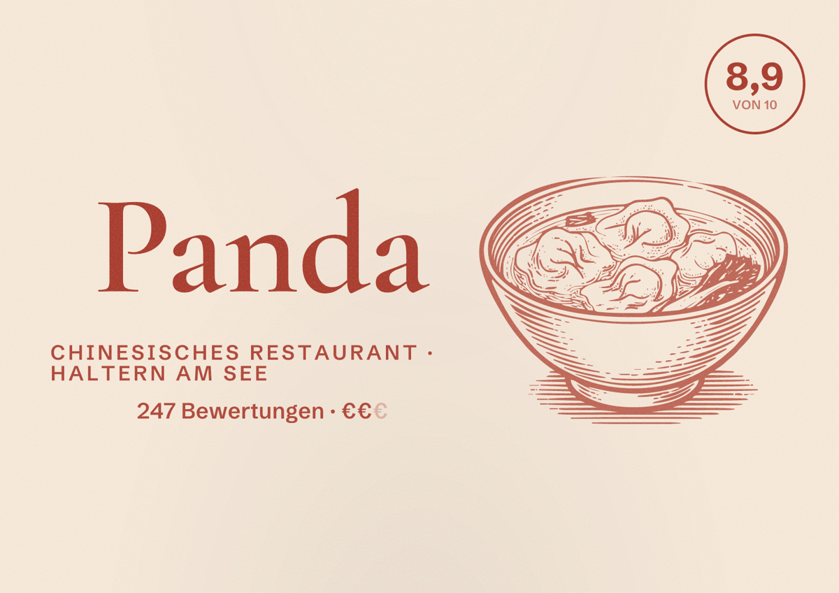 Illustriertes Poster von Panda, Chinesisches Restaurant in Haltern am See: Bewertung 8,9 von 10 aus 247 Bewertungen, Preisniveau €€