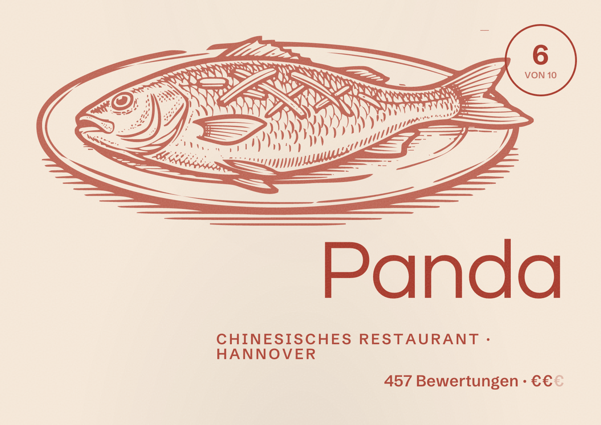 Illustriertes Poster von Panda, Chinesisches Restaurant in Hannover: Bewertung 6,0 von 10 aus 457 Bewertungen, Preisniveau €€