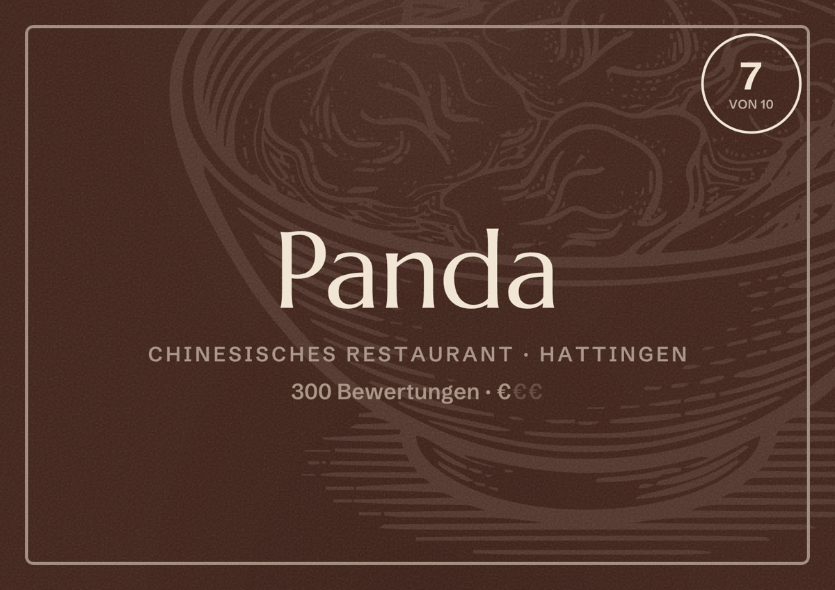 Illustriertes Poster von Panda, Chinesisches Restaurant in Hattingen: Bewertung 7 von 10 aus 300 Bewertungen, Preisniveau €
