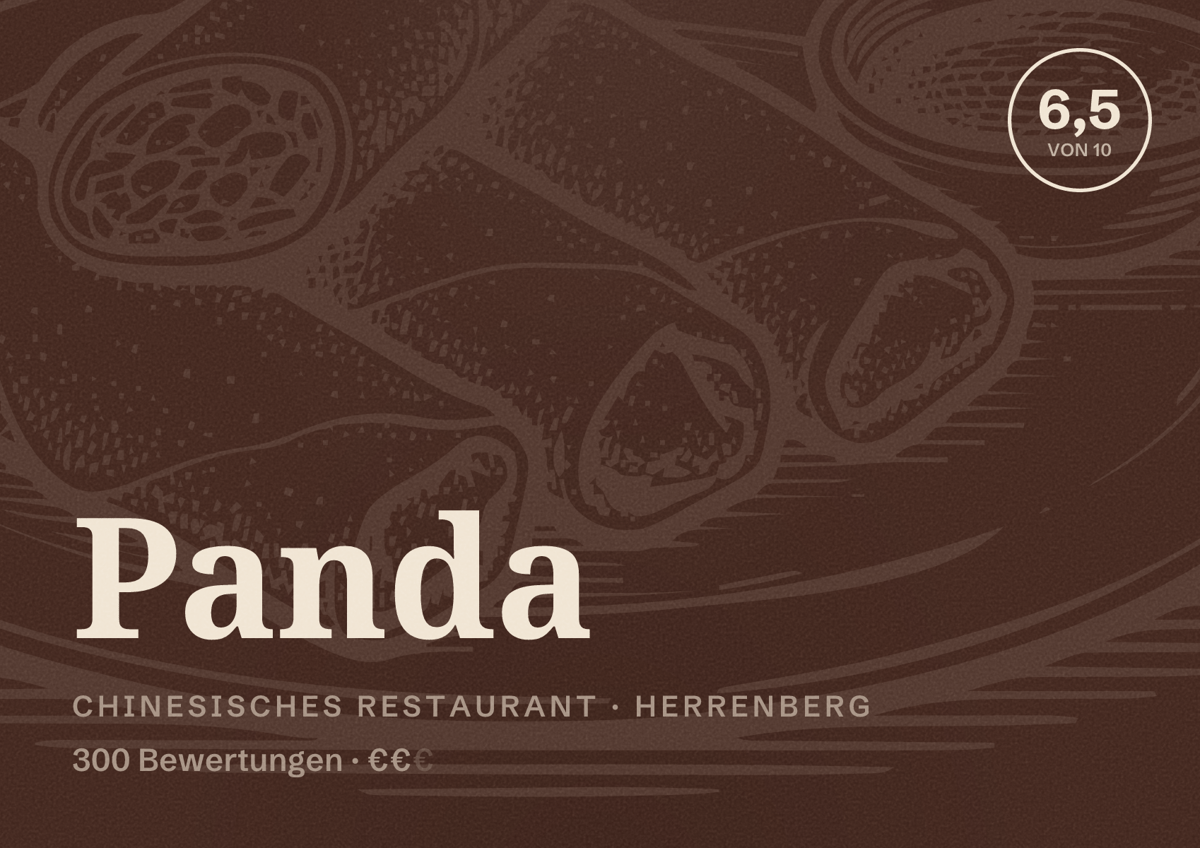 Illustriertes Poster von Panda, Chinesisches Restaurant in Herrenberg: Bewertung 6,5 von 10 aus 300 Bewertungen, Preisniveau €€