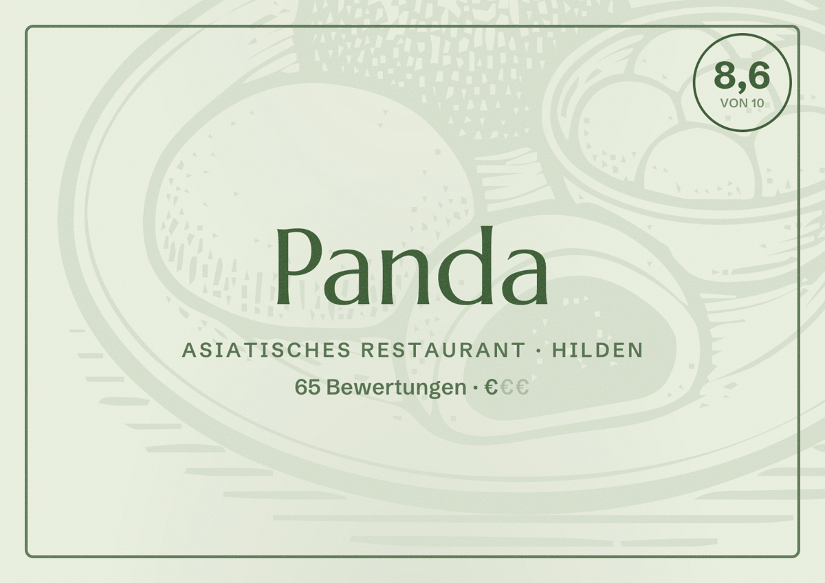Illustriertes Poster von Panda, Asiatisches Restaurant in Hilden: Bewertung 8,6 von 10 aus 65 Bewertungen, Preisniveau €