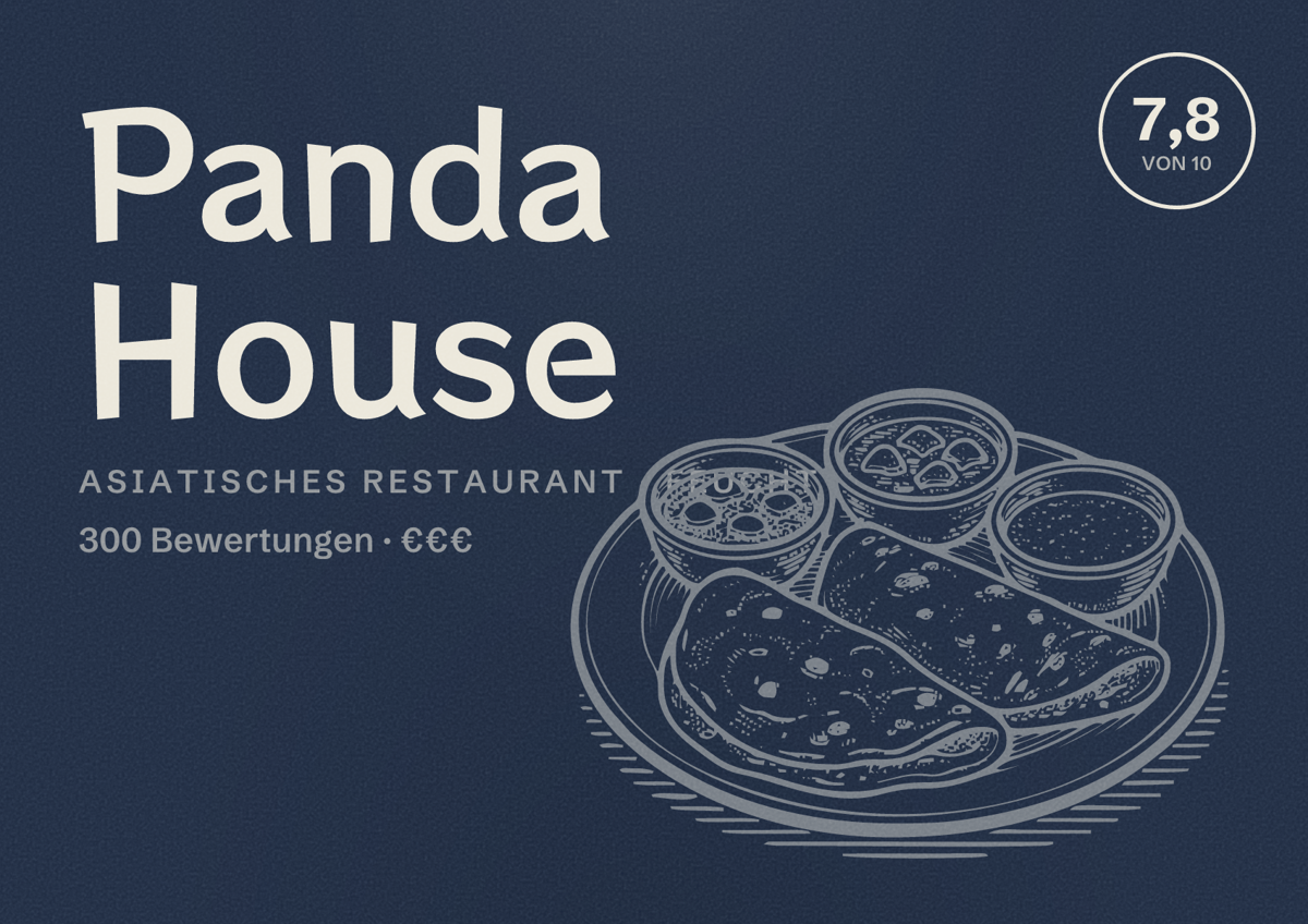 Illustriertes Poster von Panda House, Asiatisches Restaurant in Feucht: Bewertung 7,8 von 10 aus 300 Bewertungen, Preisniveau €€€
