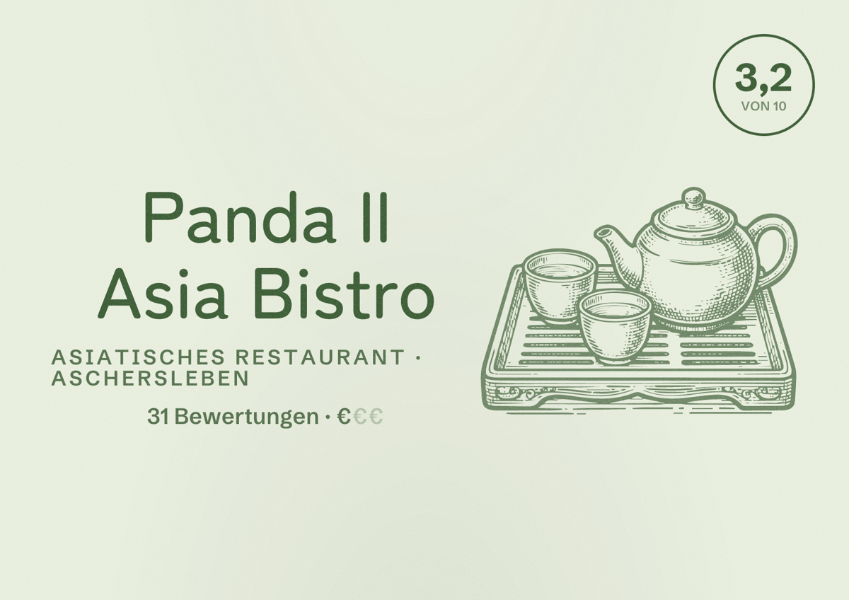 Illustriertes Poster von Panda II Asia Bistro, Asiatisches Restaurant in Aschersleben: Bewertung 3,2 von 10 aus 31 Bewertungen, Preisniveau €
