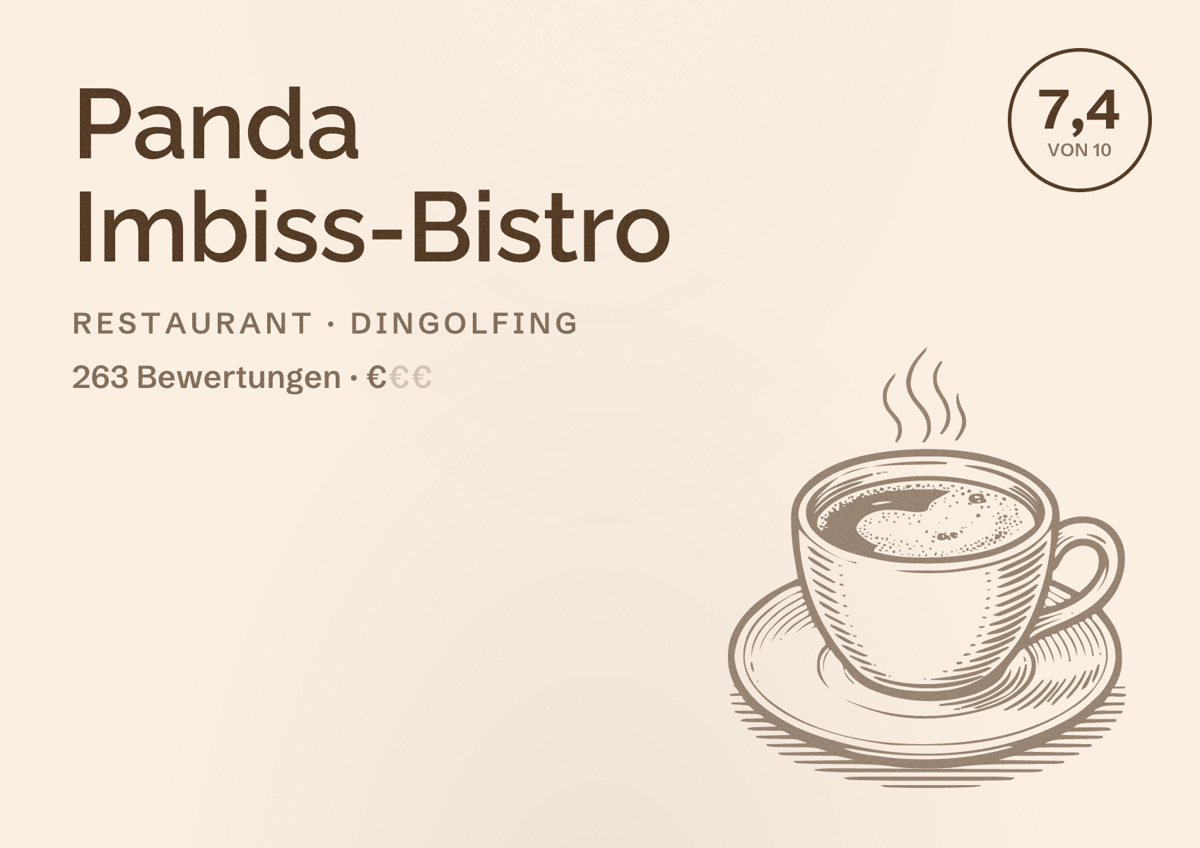 Illustriertes Poster von Panda Imbiss-Bistro, Restaurant in Dingolfing: Bewertung 7,4 von 10 aus 263 Bewertungen, Preisniveau €
