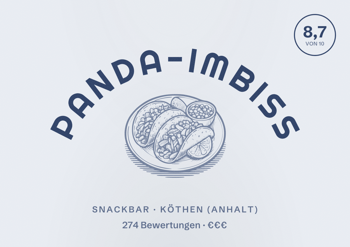Illustriertes Poster von Panda-Imbiss, Snackbar in Köthen (Anhalt): Bewertung 8,7 von 10 aus 274 Bewertungen, Preisniveau €€€