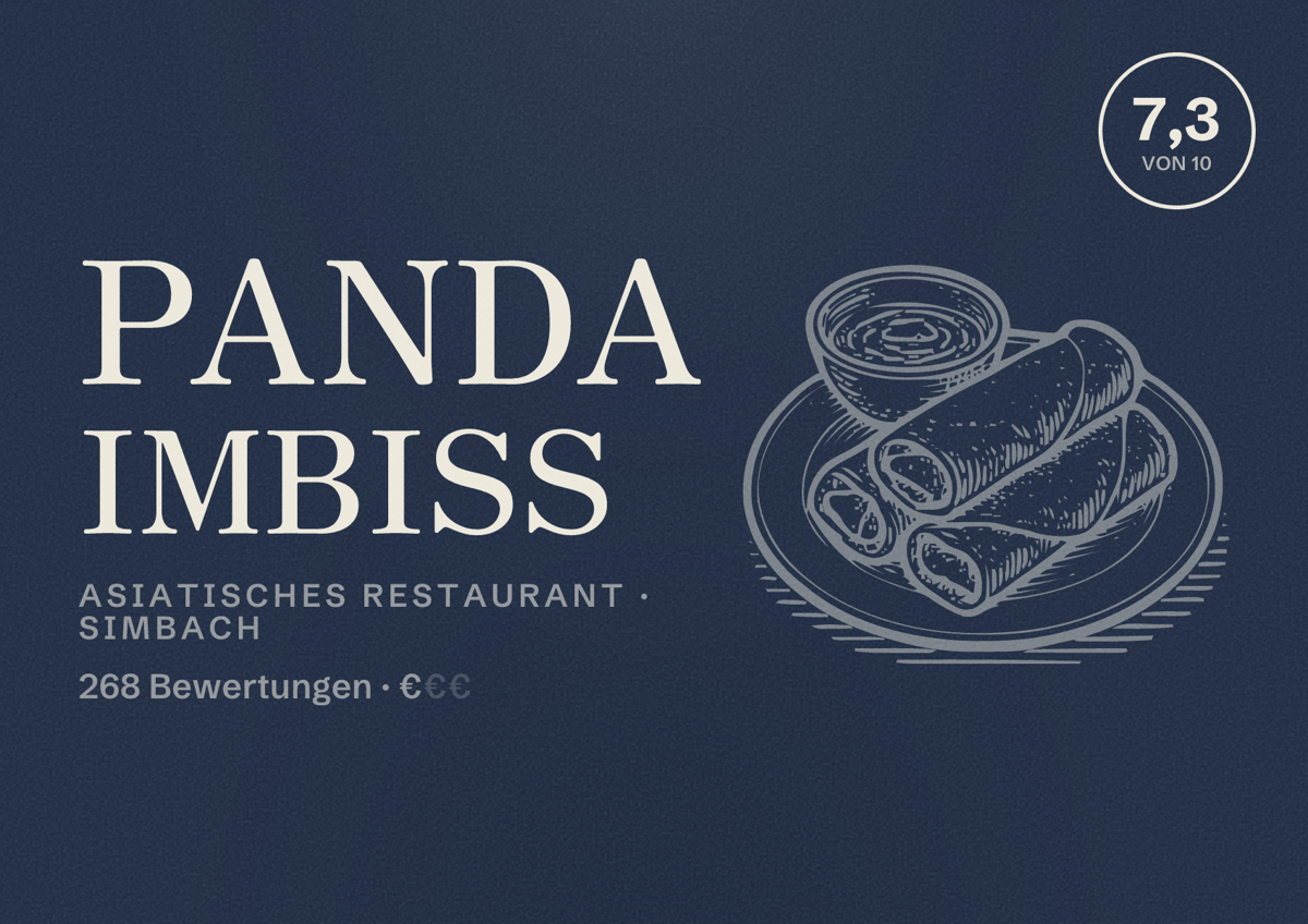 Illustriertes Poster von Panda Imbiss, Asiatisches Restaurant in Simbach: Bewertung 7,3 von 10 aus 268 Bewertungen, Preisniveau €