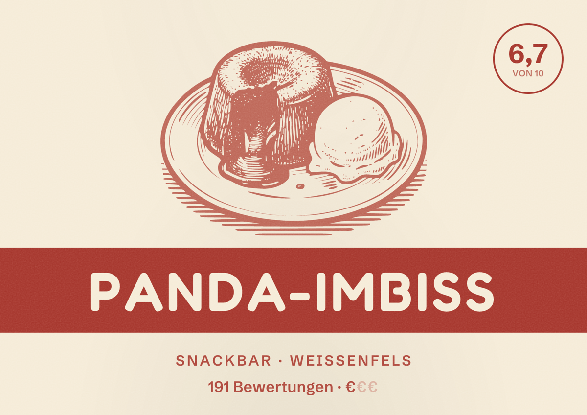 Illustriertes Poster von Panda-Imbiss, Snackbar in Weißenfels: Bewertung 6,7 von 10 aus 191 Bewertungen, Preisniveau €