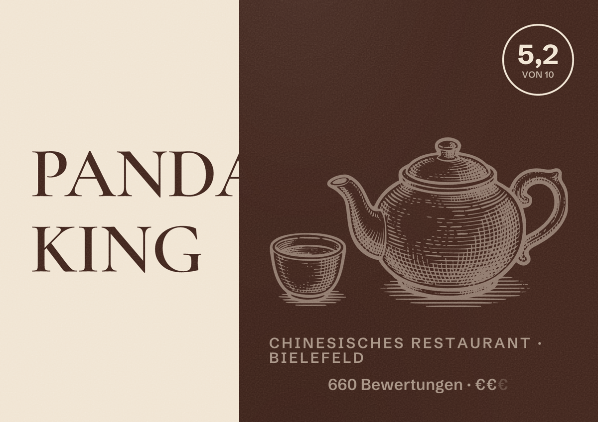 Illustriertes Poster von PANDA KING, Chinesisches Restaurant in Bielefeld: Bewertung 5,2 von 10 aus 660 Bewertungen, Preisniveau €€