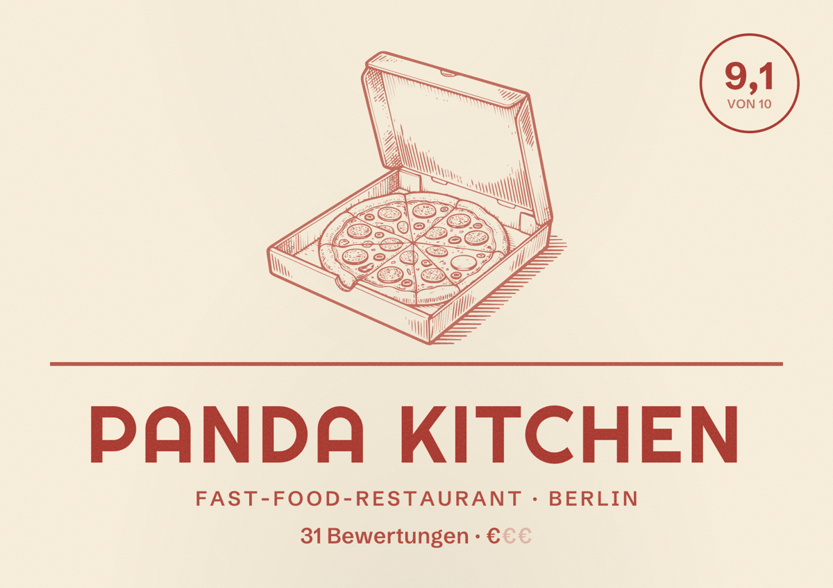 Illustriertes Poster von Panda Kitchen, Fast-Food-Restaurant in Berlin: Bewertung 9,1 von 10 aus 31 Bewertungen, Preisniveau €