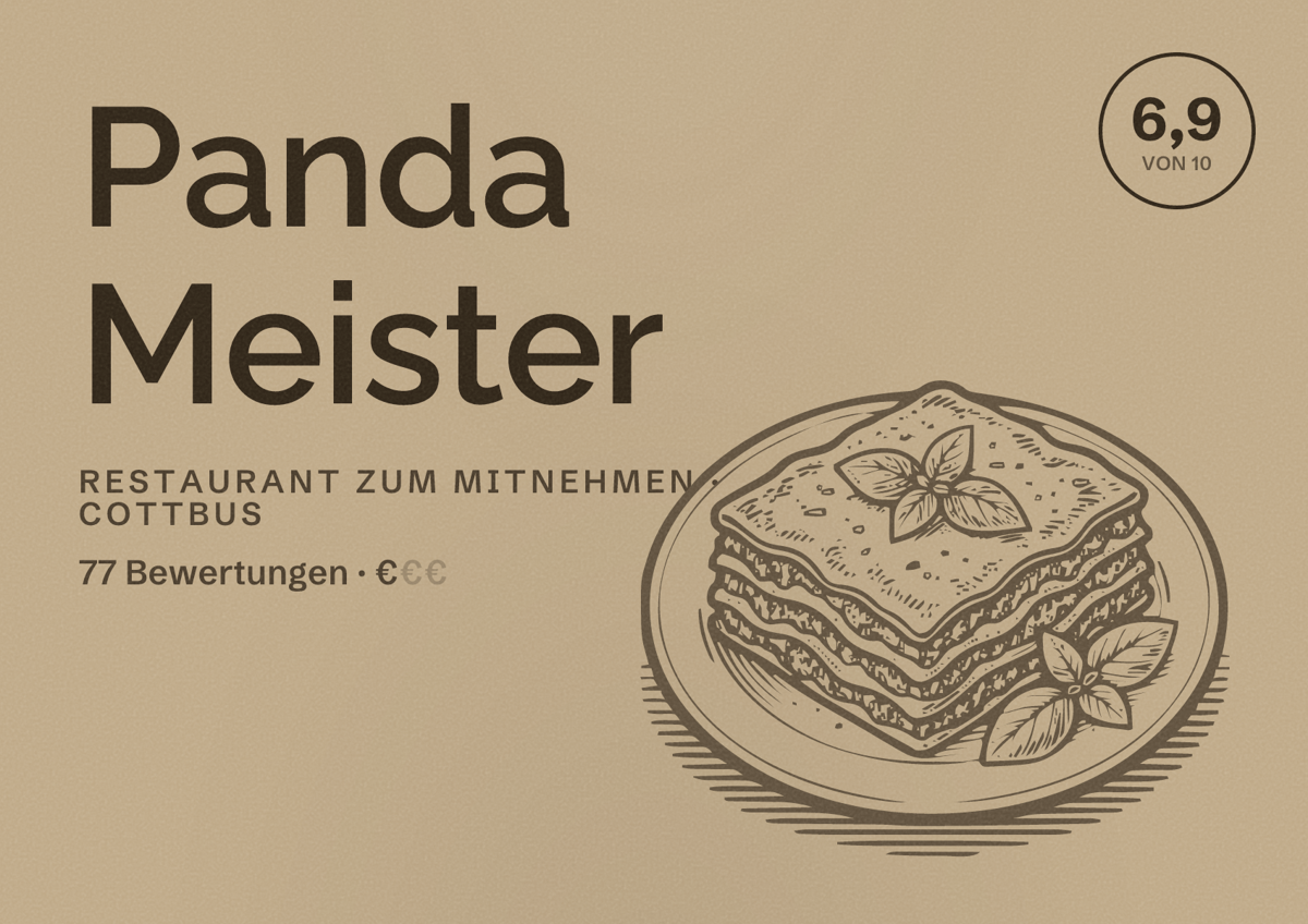 Illustriertes Poster von Panda Meister, Restaurant zum Mitnehmen in Cottbus: Bewertung 6,9 von 10 aus 77 Bewertungen, Preisniveau €
