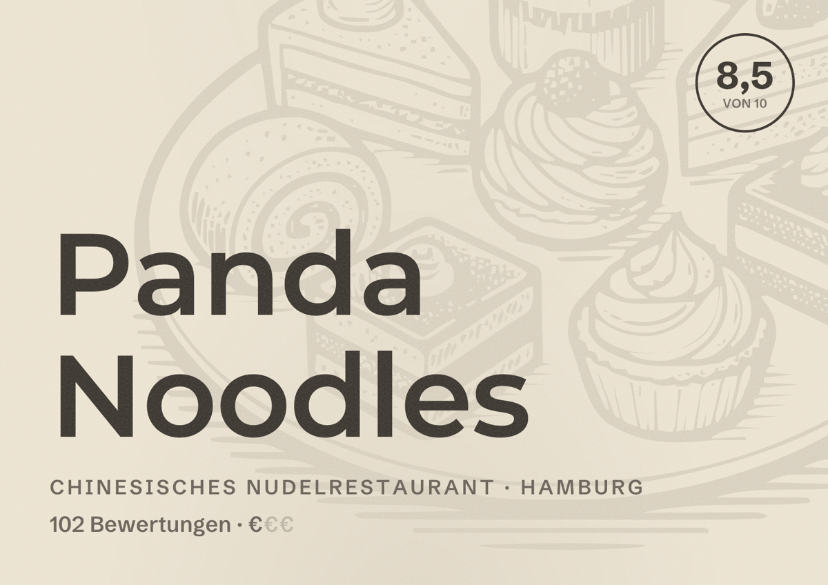 Illustriertes Poster von Panda Noodles, Chinesisches Nudelrestaurant in Hamburg: Bewertung 8,5 von 10 aus 102 Bewertungen, Preisniveau €