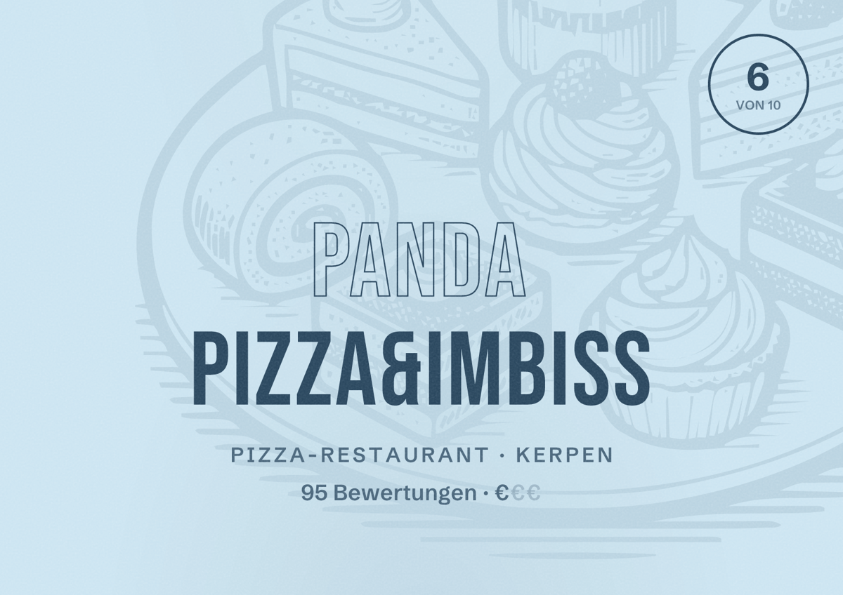 Illustriertes Poster von Panda Pizza&Imbiss, Pizza-Restaurant in Kerpen: Bewertung 6 von 10 aus 95 Bewertungen, Preisniveau €