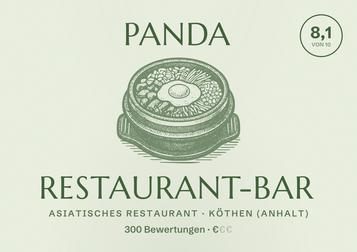 Illustriertes Poster von Panda Restaurant-Bar, Asiatisches Restaurant in Köthen (Anhalt): Bewertung 8,1 von 10 aus 300 Bewertungen, Preisniveau €
