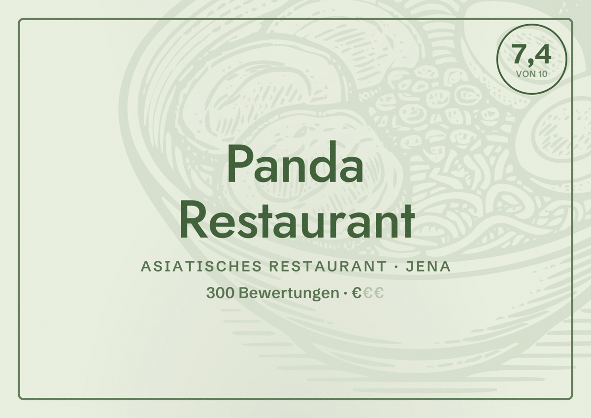 Illustriertes Poster von Panda Restaurant, Asiatisches Restaurant in Jena: Bewertung 7,4 von 10 aus 300 Bewertungen, Preisniveau €