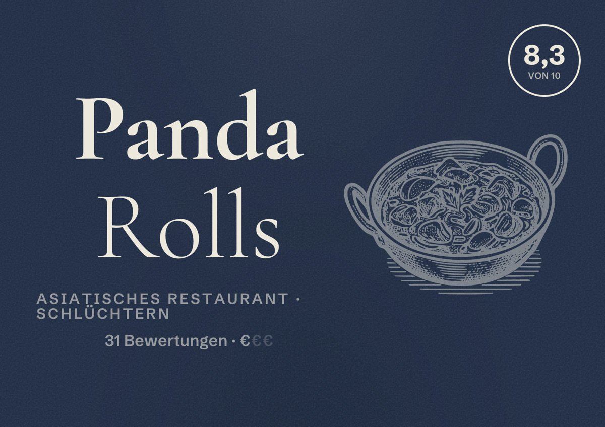 Illustriertes Poster von Panda Rolls, Asiatisches Restaurant in Schlüchtern: Bewertung 8,3 von 10 aus 31 Bewertungen, Preisniveau €