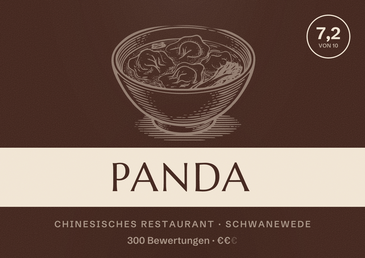 Illustriertes Poster von Panda, Chinesisches Restaurant in Schwanewede: Bewertung 7,2 von 10 aus 300 Bewertungen, Preisniveau €€