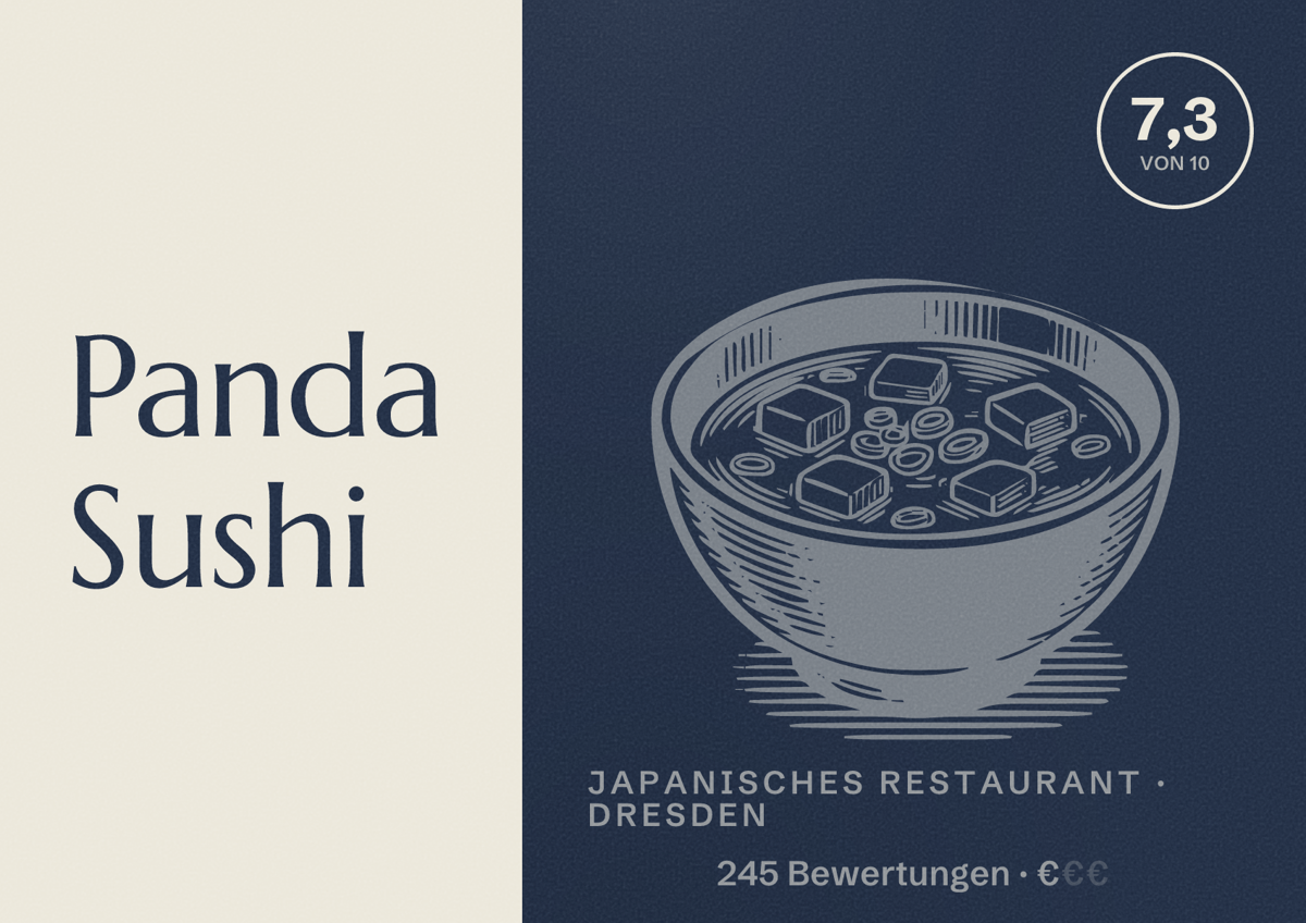 Illustriertes Poster von Panda Sushi, Japanisches Restaurant in Dresden: Bewertung 7,3 von 10 aus 245 Bewertungen, Preisniveau €