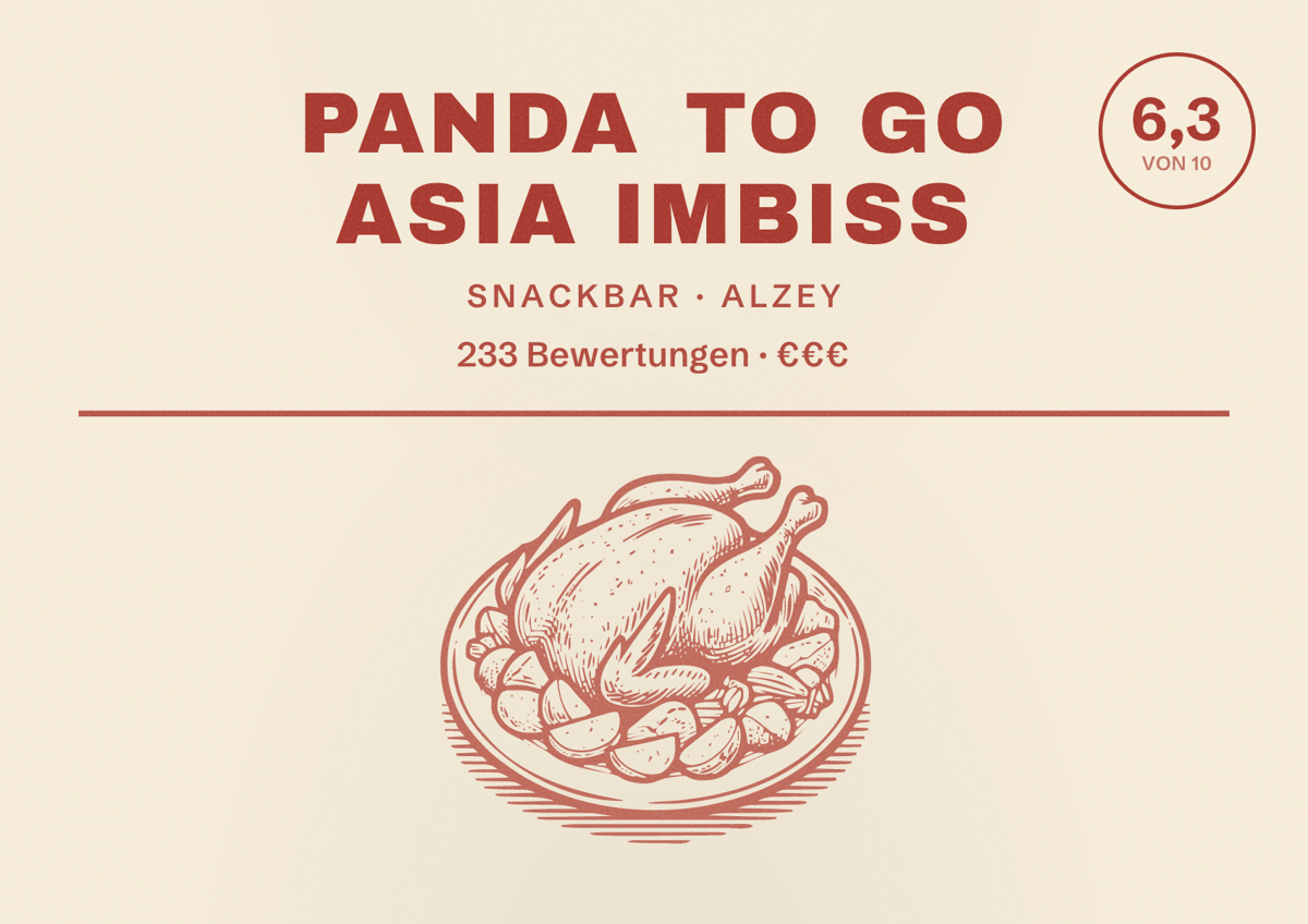 Illustriertes Poster von Panda To Go Asia Imbiss, Snackbar in Alzey: Bewertung 6,3 von 10 aus 233 Bewertungen, Preisniveau €€€