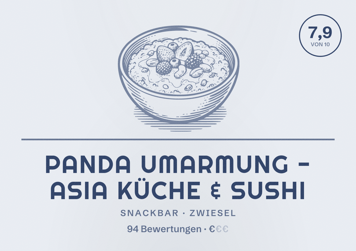 Illustriertes Poster von Panda Umarmung - Asia Küche & Sushi, Snackbar in Zwiesel: Bewertung 7,9 von 10 aus 94 Bewertungen, Preisniveau €