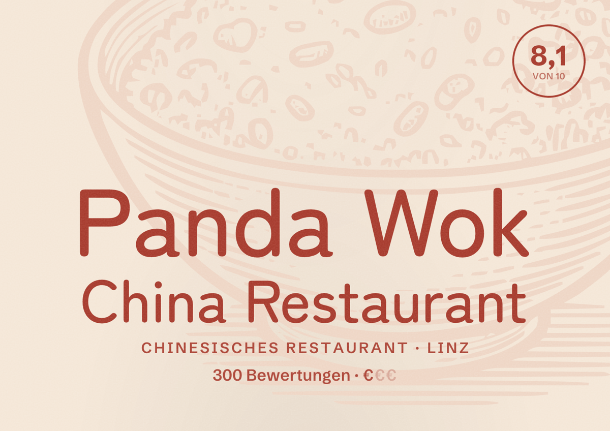 Illustriertes Poster von Panda Wok China Restaurant, Chinesisches Restaurant in Linz: Bewertung 8,1 von 10 aus 300 Bewertungen, Preisniveau €