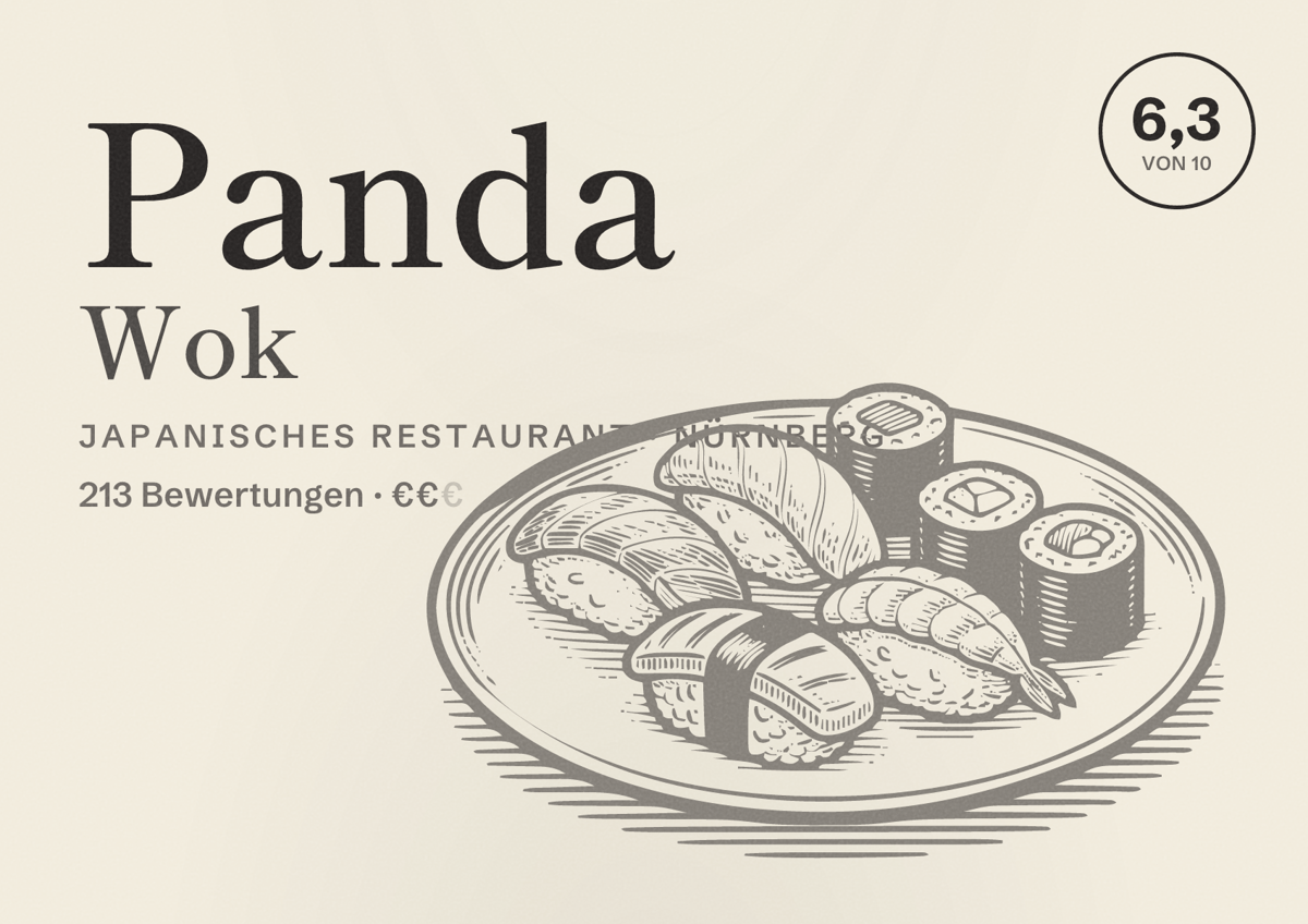 Illustriertes Poster von Panda Wok, Japanisches Restaurant in Nürnberg: Bewertung 6,3 von 10 aus 213 Bewertungen, Preisniveau €€