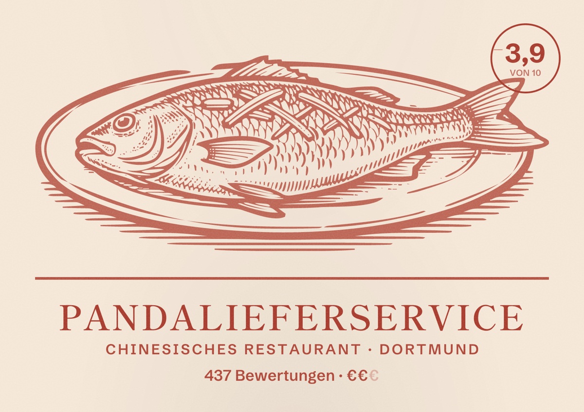 Illustriertes Poster von Pandalieferservice, Chinesisches Restaurant in Dortmund: Bewertung 3,9 von 10 aus 437 Bewertungen, Preisniveau €€