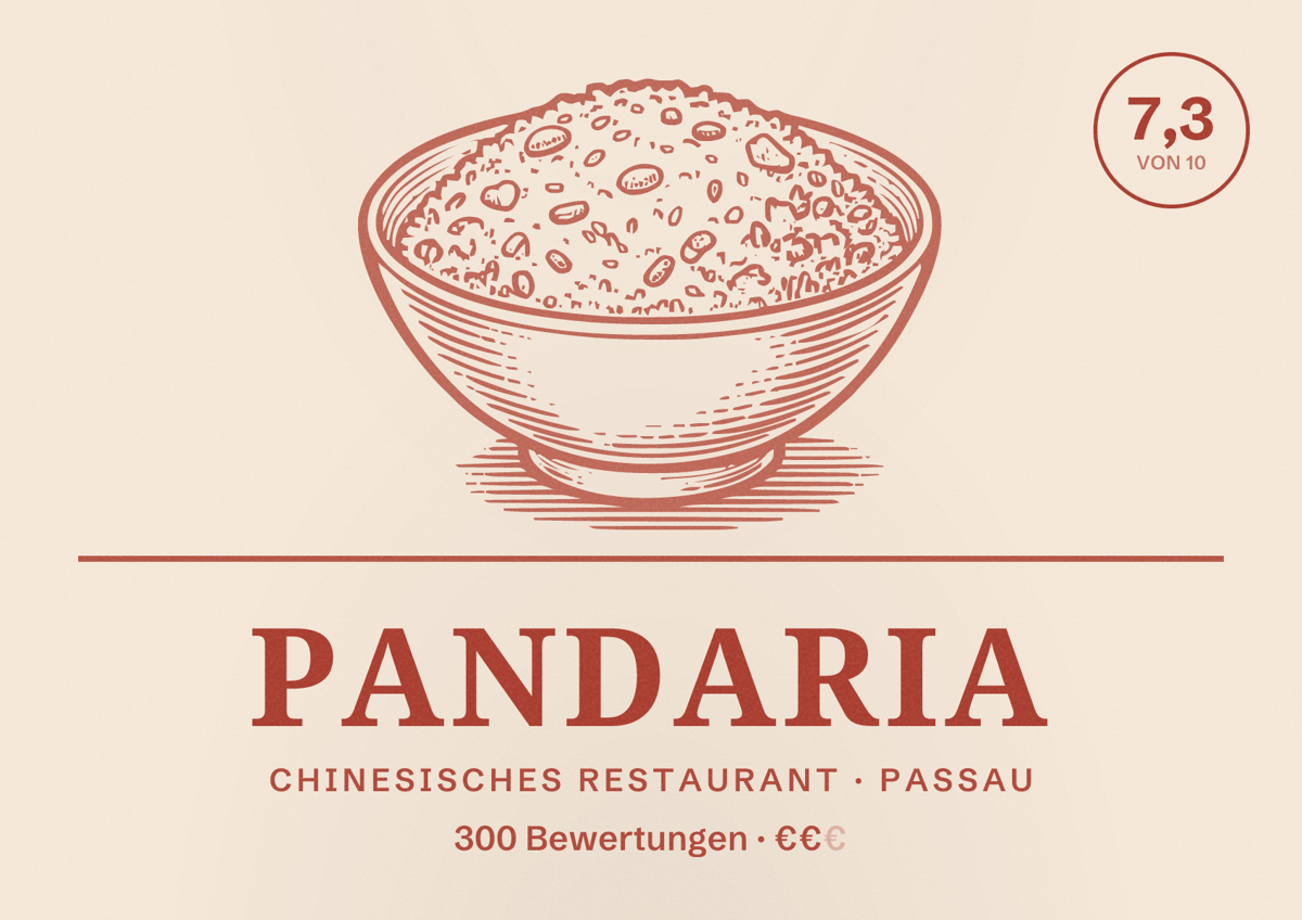 Illustriertes Poster von Pandaria, Chinesisches Restaurant in Passau: Bewertung 7,3 von 10 aus 300 Bewertungen, Preisniveau €€