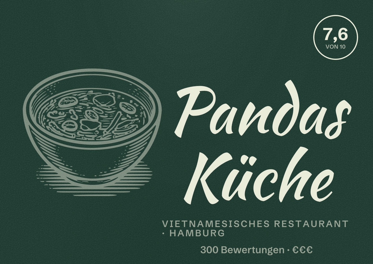 Illustriertes Poster von Pandas Küche, Vietnamesisches Restaurant in Hamburg: Bewertung 7,6 von 10 aus 300 Bewertungen, Preisniveau €€€