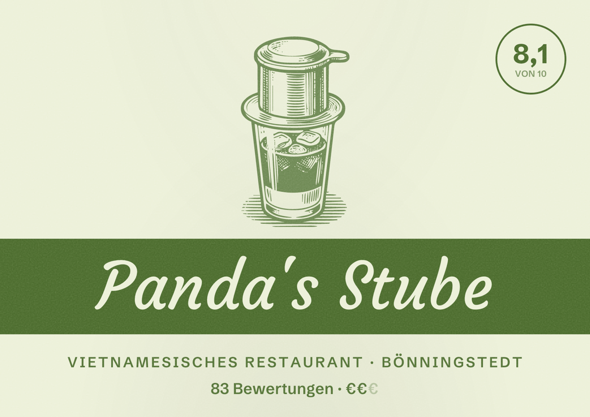 Illustriertes Poster von Panda's Stube, Vietnamesisches Restaurant in Bönningstedt: Bewertung 8,1 von 10 aus 83 Bewertungen, Preisniveau €€