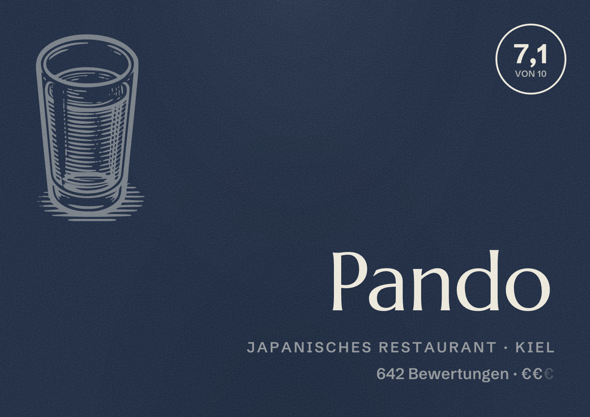 Illustriertes Poster von Pando, Japanisches Restaurant in Kiel: Bewertung 7,1 von 10 aus 642 Bewertungen, Preisniveau €€
