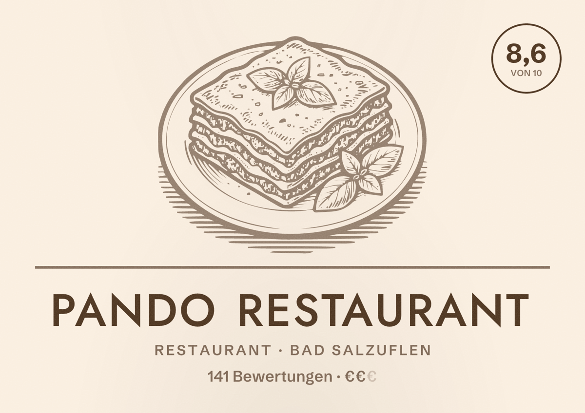 Illustriertes Poster von Pando Restaurant, Restaurant in Bad Salzuflen: Bewertung 8,6 von 10 aus 141 Bewertungen, Preisniveau €€