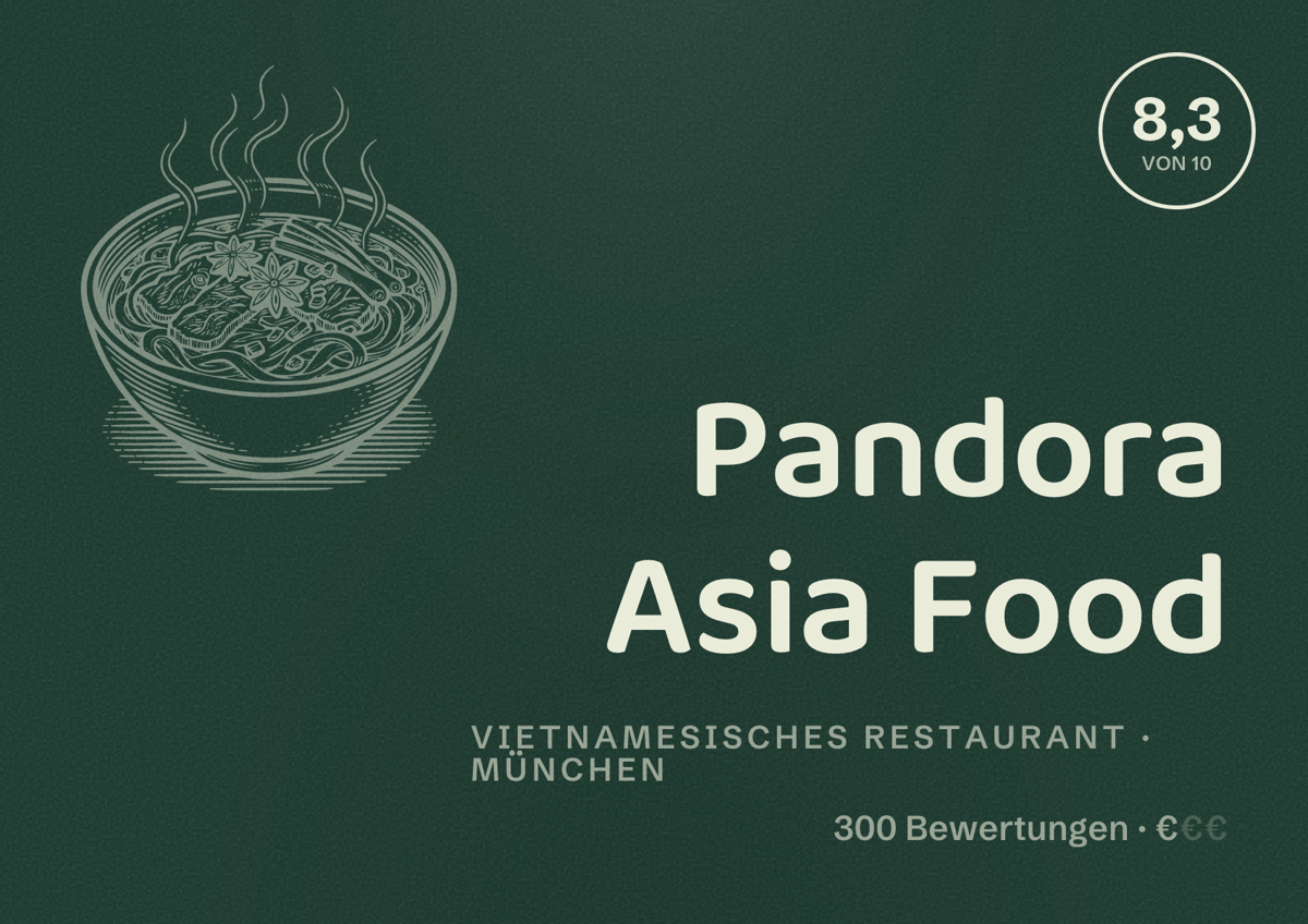 Illustriertes Poster von Pandora Asia Food, Vietnamesisches Restaurant in München: Bewertung 8,3 von 10 aus 300 Bewertungen, Preisniveau €
