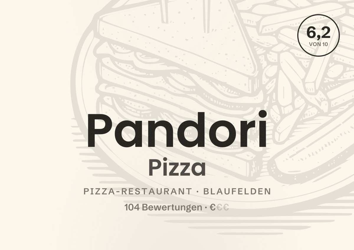 Illustriertes Poster von Pandori Pizza, Pizza-Restaurant in Blaufelden: Bewertung 6,2 von 10 aus 104 Bewertungen, Preisniveau €