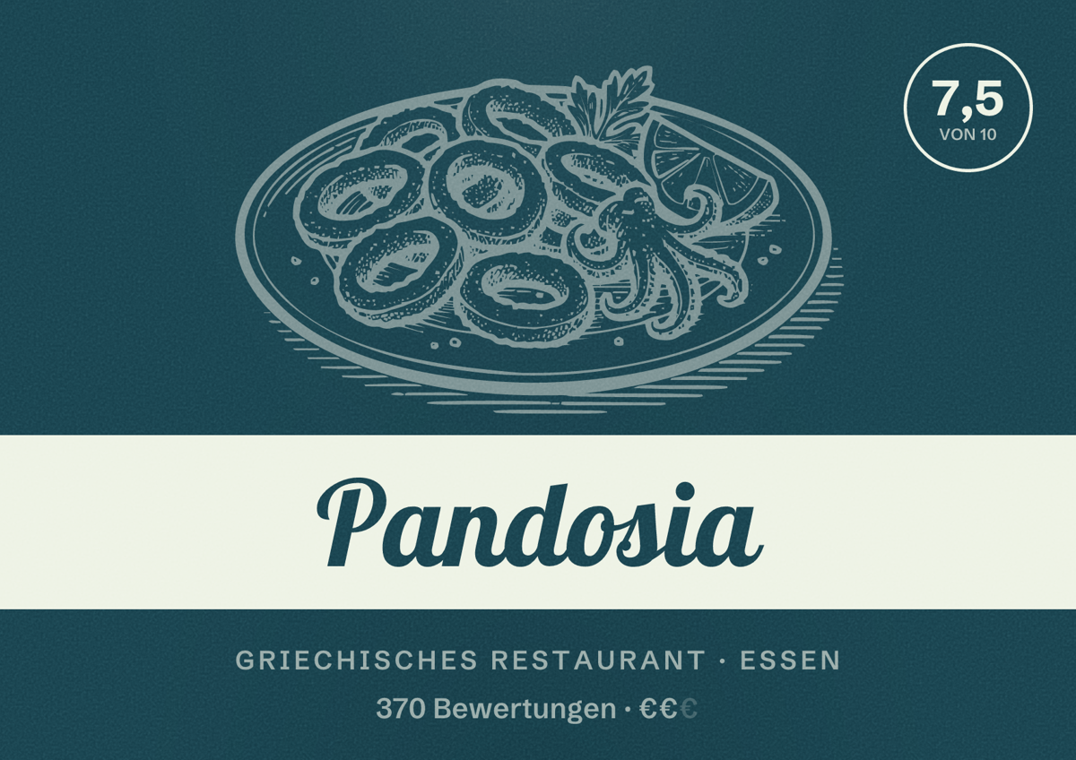 Illustriertes Poster von Pandosia, Griechisches Restaurant in Essen: Bewertung 7,5 von 10 aus 370 Bewertungen, Preisniveau €€