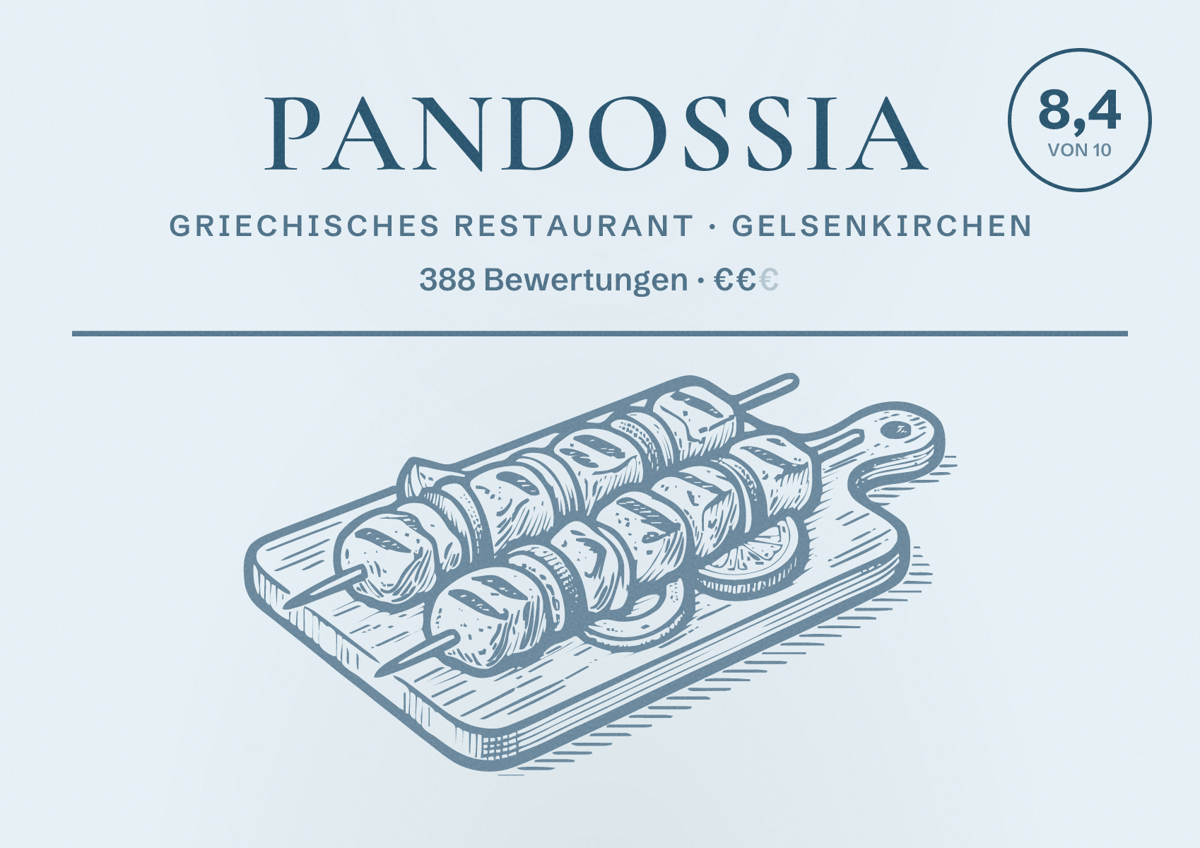 Illustriertes Poster von Pandossia, Griechisches Restaurant in Gelsenkirchen: Bewertung 8,4 von 10 aus 388 Bewertungen, Preisniveau €€
