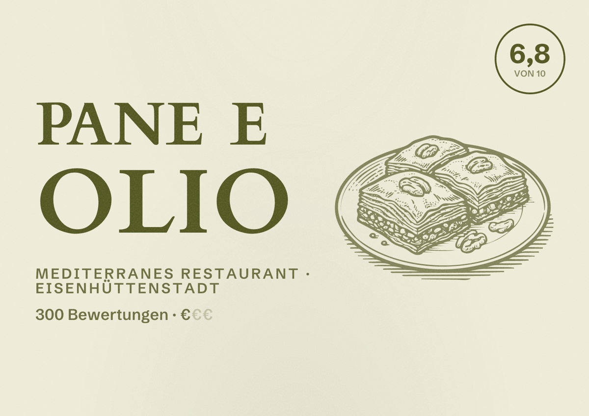 Illustriertes Poster von Pane e olio, Mediterranes Restaurant in Eisenhüttenstadt: Bewertung 6,8 von 10 aus 300 Bewertungen, Preisniveau €