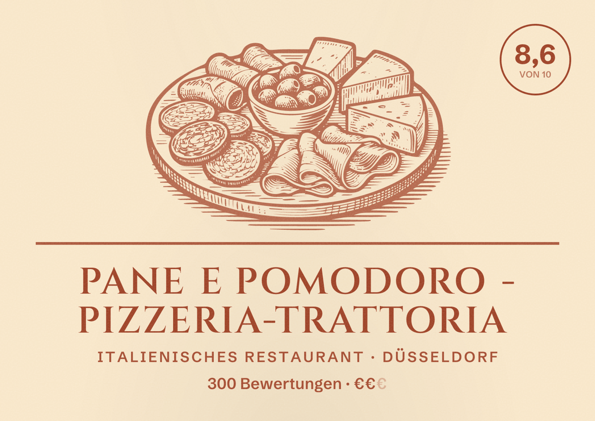 Illustriertes Poster von Pane e Pomodoro - Pizzeria-Trattoria, Italienisches Restaurant in Düsseldorf: Bewertung 8,6 von 10 aus 300 Bewertungen, Preisniveau €€