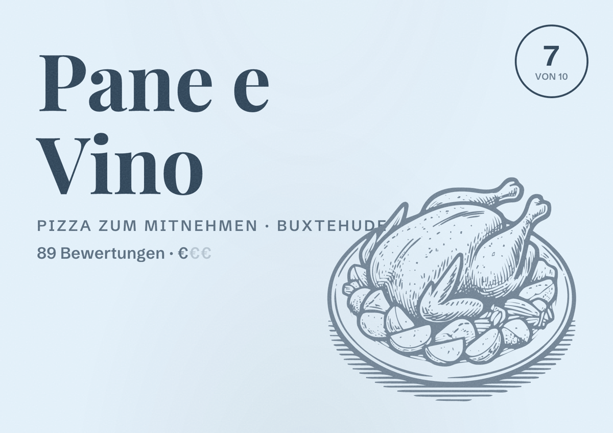 Illustriertes Poster von Pane e Vino, Pizza zum Mitnehmen in Buxtehude: Bewertung 7 von 10 aus 89 Bewertungen, Preisniveau €