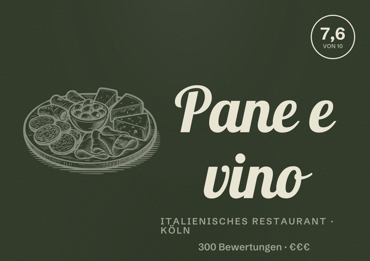 Illustriertes Poster von Pane e vino, Italienisches Restaurant in Köln: Bewertung 7,6 von 10 aus 300 Bewertungen, Preisniveau €€€