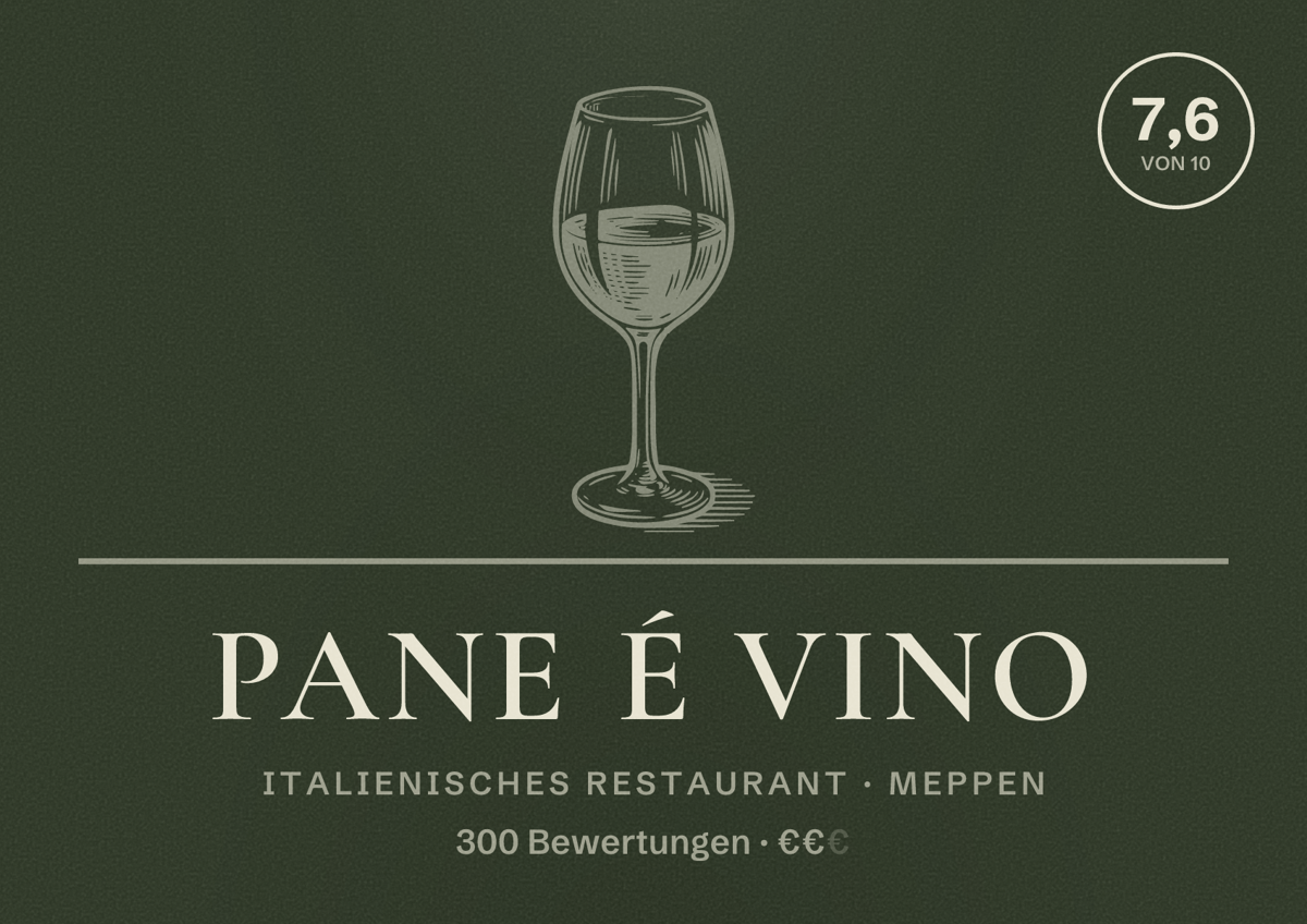 Illustriertes Poster von Pane é Vino, Italienisches Restaurant in Meppen: Bewertung 7,6 von 10 aus 300 Bewertungen, Preisniveau €€