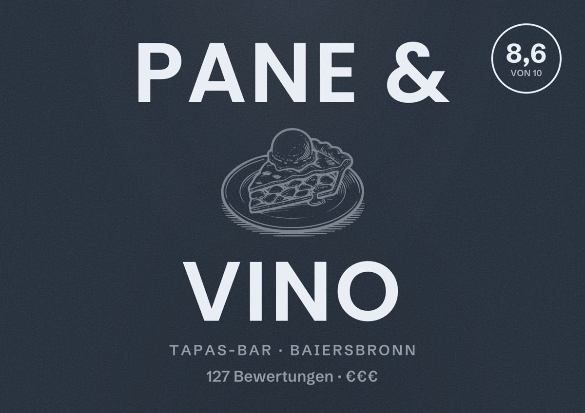 Illustriertes Poster von Pane & Vino, Tapas-Bar in Baiersbronn: Bewertung 8,6 von 10 aus 127 Bewertungen, Preisniveau €€€