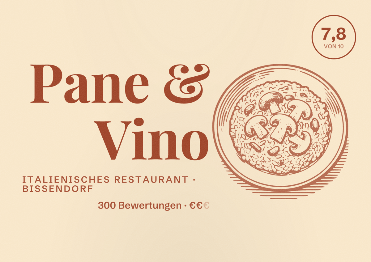 Illustriertes Poster von Pane & Vino, Italienisches Restaurant in Bissendorf: Bewertung 7,8 von 10 aus 300 Bewertungen, Preisniveau €€