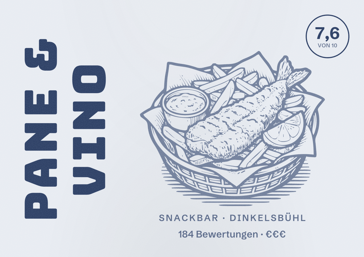 Illustriertes Poster von Pane & Vino, Snackbar in Dinkelsbühl: Bewertung 7,6 von 10 aus 184 Bewertungen, Preisniveau €€€
